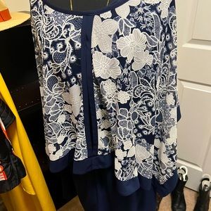 Blue beige lace dress draping shawl - attached